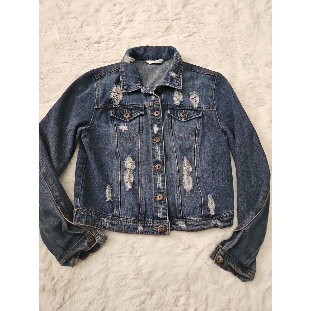 Highway Jeans Distressed Denim Jacket Women Medium Cropped Ripped Y2K Grunge